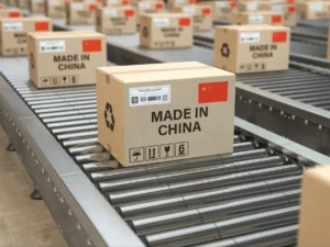Como importar produtos da China: caixas de exportação em esteira industrial